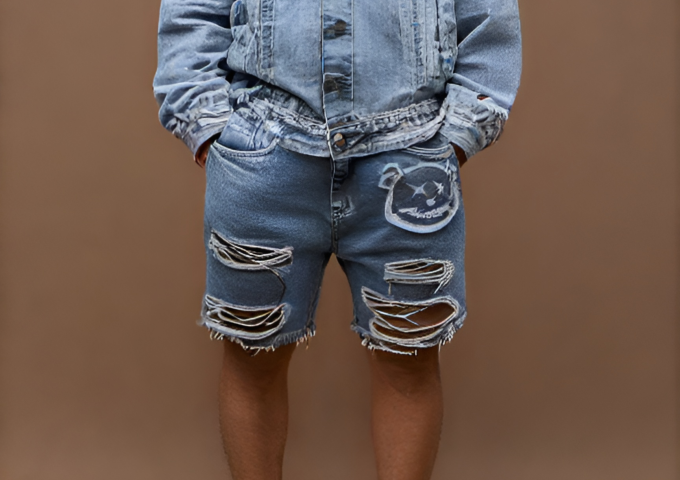 Bermuda jeans jogador com bolsos laterais e traseiros, ideal para um look prático e estiloso.