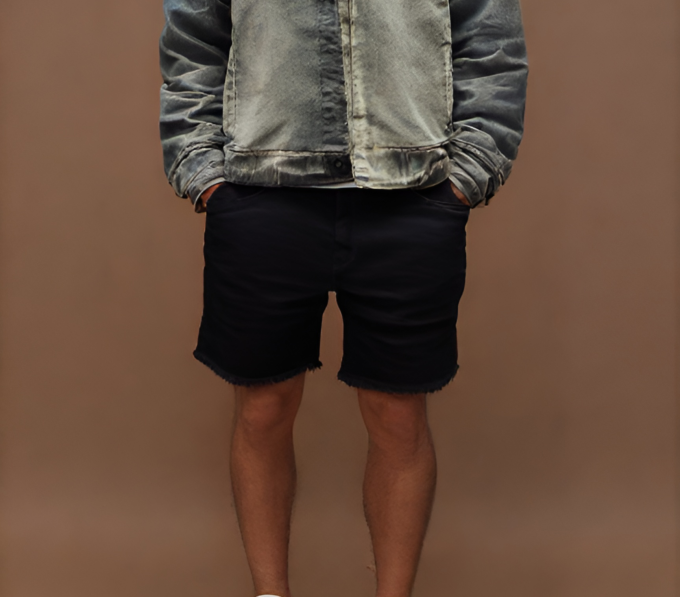 Bermuda jeans jogador com bolsos laterais e traseiros, ideal para um look prático e estiloso.