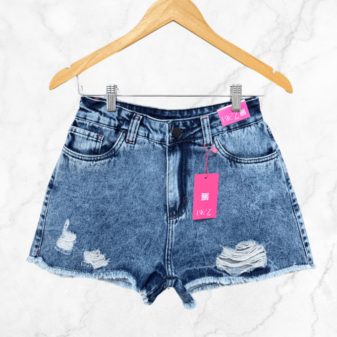 Shorts Jeans Feminino BIEZ Cintura Alta Sky Destroyed — foto 7
