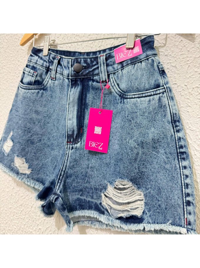 Shorts Jeans Feminino BIEZ Cintura Alta Sky Destroyed — foto 3