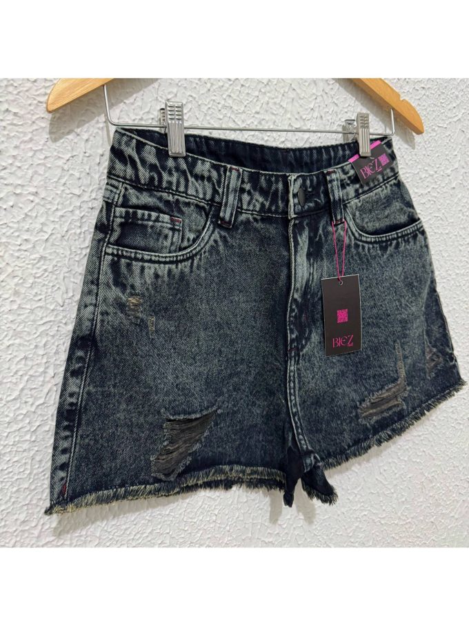 Shorts Jeans Feminino BIEZ Cintura Alta GraySky Destroyed — foto 4
