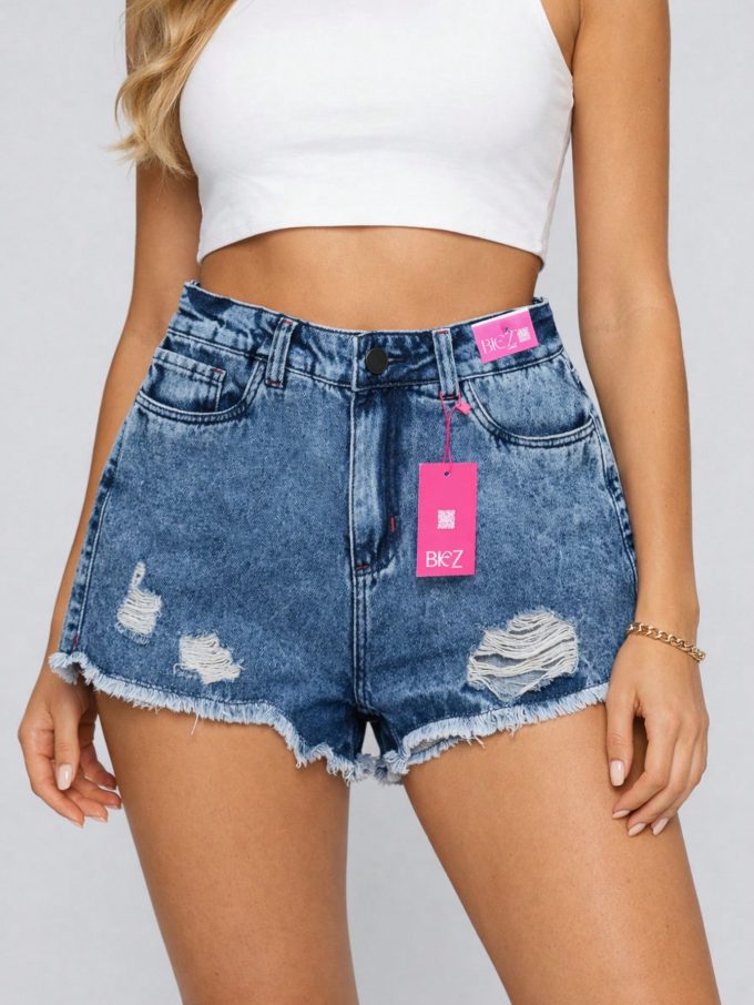 Shorts Jeans Feminino BIEZ Cintura Alta Sky Destroyed