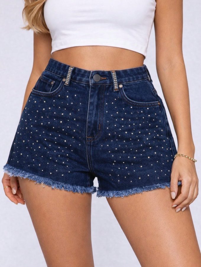 Shorts Jeans Feminino Cintura Alta Pedraria – Lavagem Escura