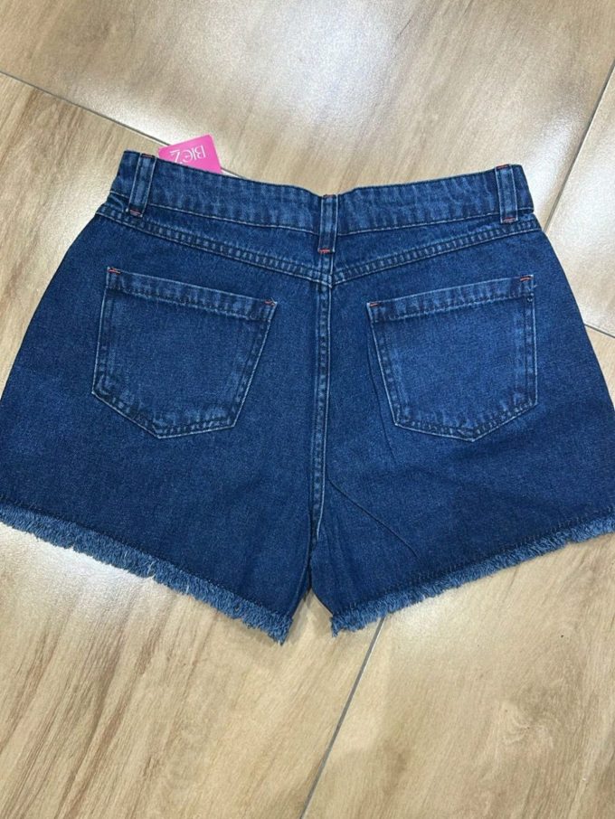 Shorts Jeans Feminino Cintura Alta Pedraria – Lavagem Escura — foto 4