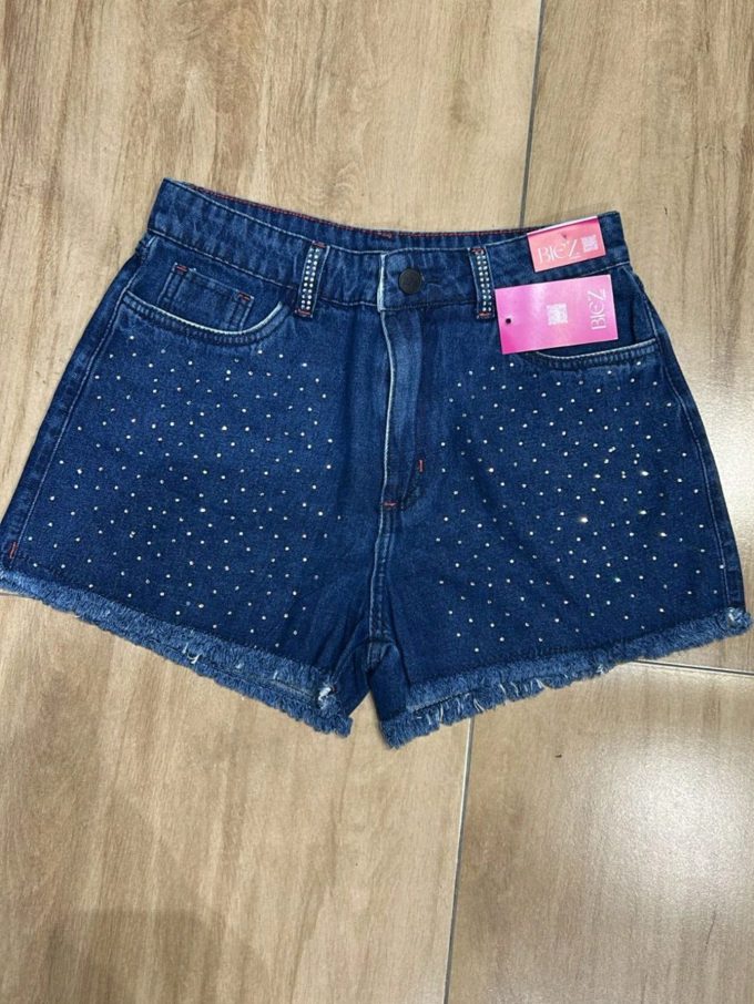 Shorts Jeans Feminino Cintura Alta Pedraria – Lavagem Escura — foto 3