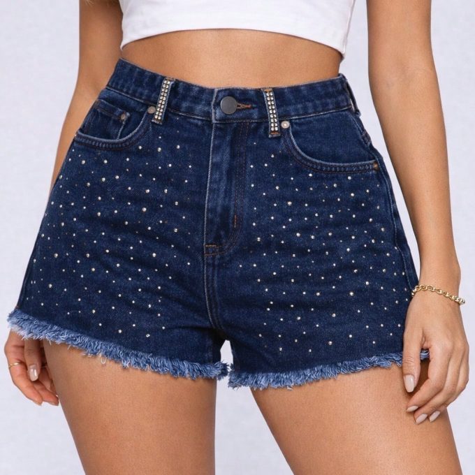 Shorts Jeans Feminino Cintura Alta Pedraria – Lavagem Escura — foto 6