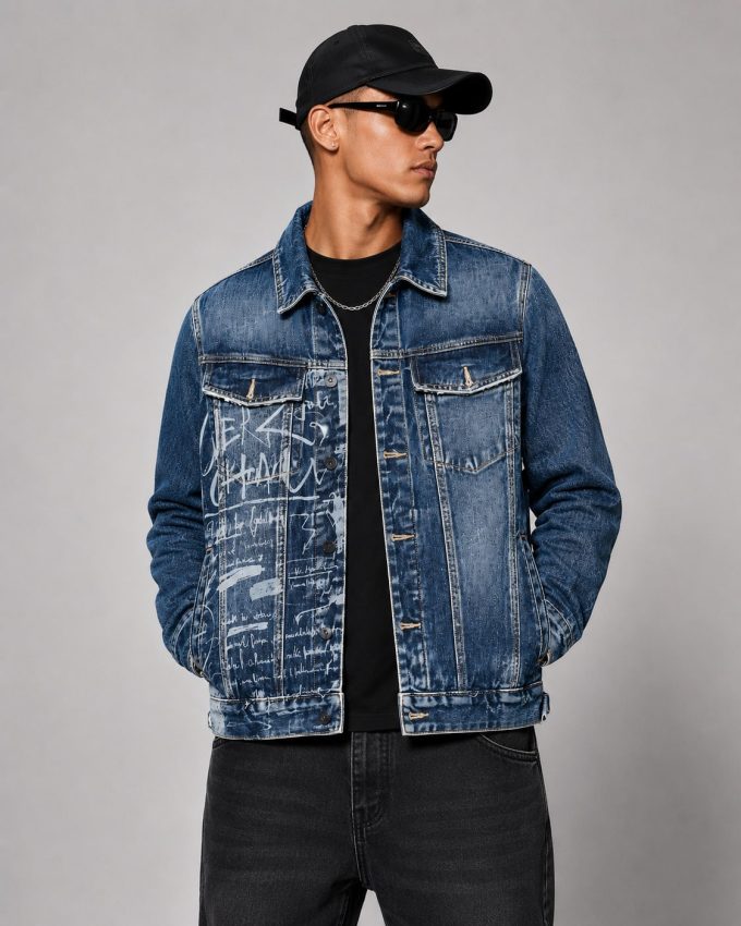 Jaqueta Jeans Masculina CVHM Estampada – Lavagem Clara