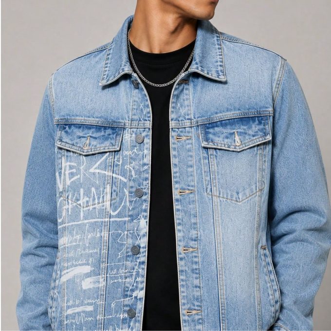 Jaqueta Jeans Masculina CVHM Estampada – Lavagem Escura — foto 4