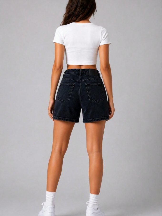 Shorts Jeans Feminino Mom Destroyed – Lavagem Escura — foto 3