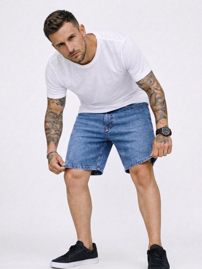 Bermuda Jeans Jogador Masculina Barra Fechada – Azul Escuro Bigode — foto 3