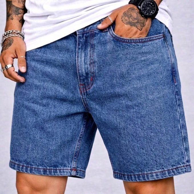 Bermuda Jeans Jogador Masculina Barra Fechada – Azul Escuro Bigode — foto 5