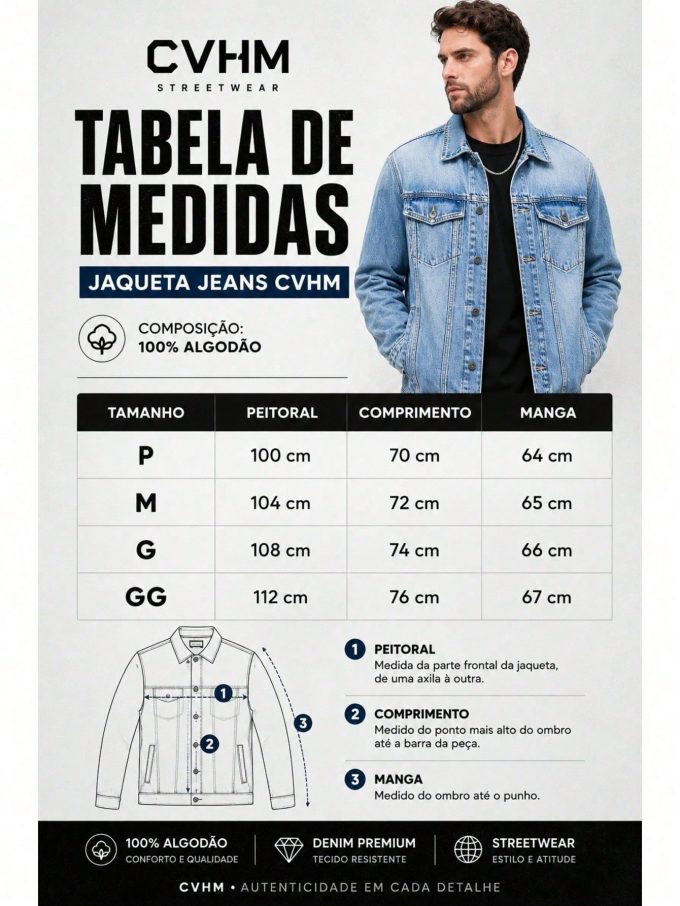 Jaqueta Jeans Masculina CVHM Lisa – Lavagem Clara — foto 3