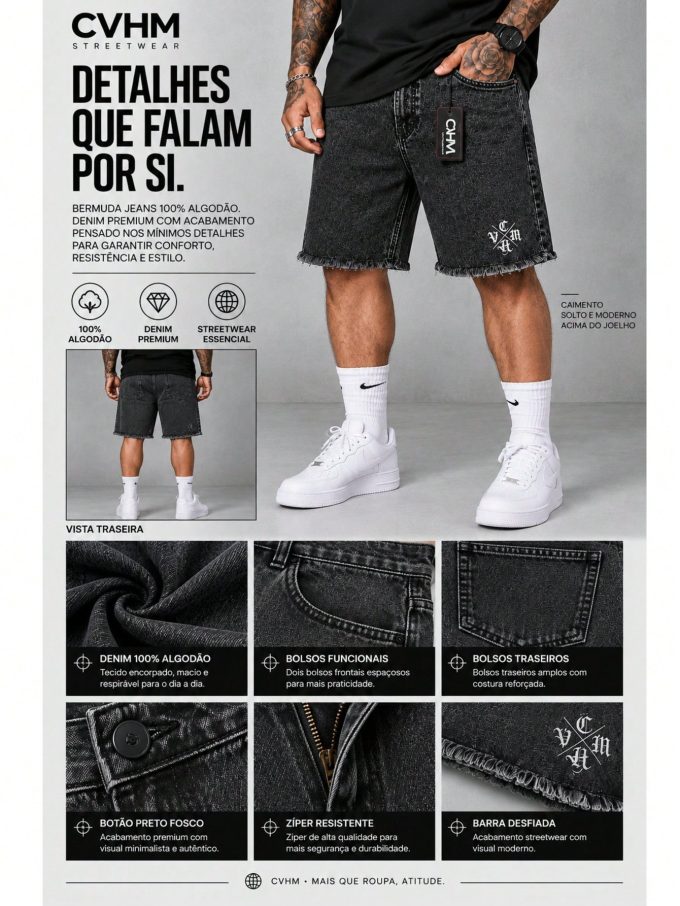 Bermuda Jeans Jogador Masculina Estampa CVHM – Cinza — foto 3