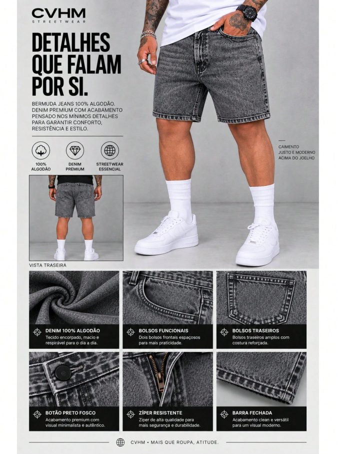 Bermuda Jeans Jogador Masculina Barra Fechada – Sky Black — foto 3