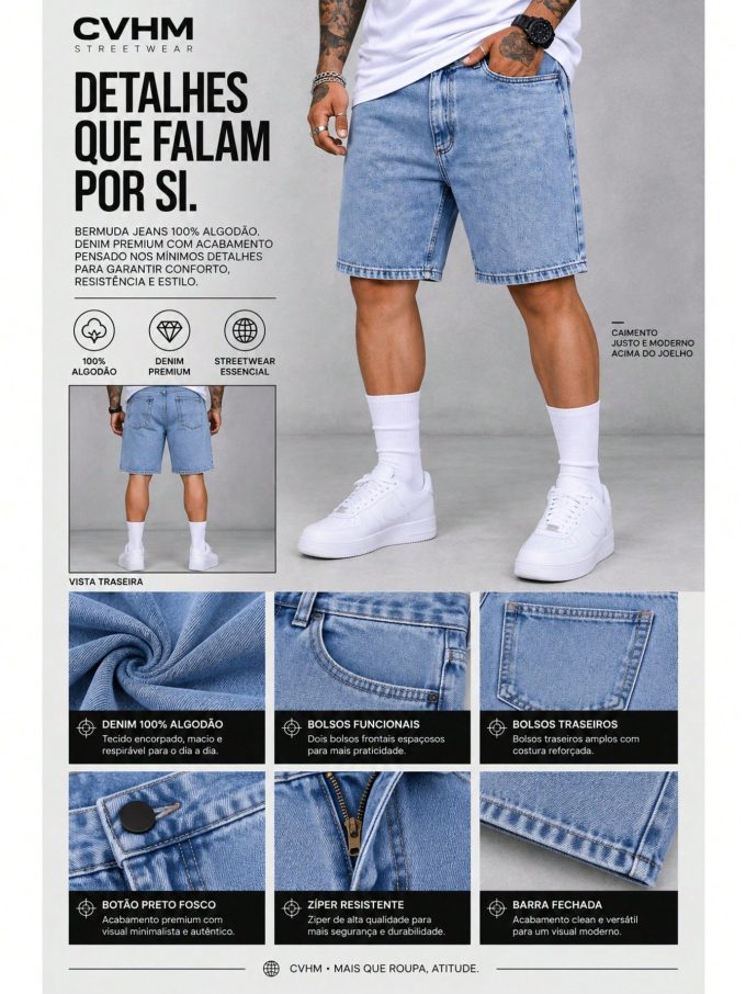 Bermuda Jeans Jogador Masculina Barra Fechada – Azul Claro — foto 3