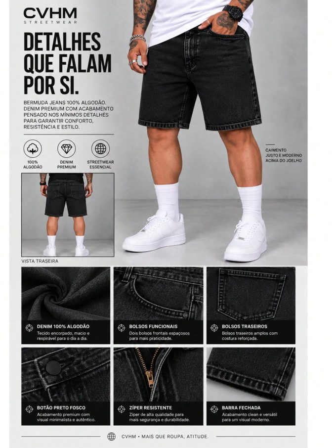 Bermuda Jeans Jogador Masculina Barra Fechada – Preta Estonada — foto 3