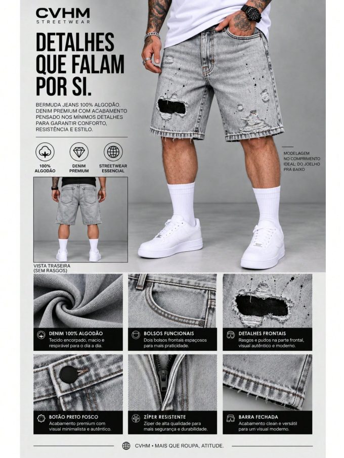 Bermuda Jeans Masculina Longa FullSky – Cinza Destroyed — foto 4