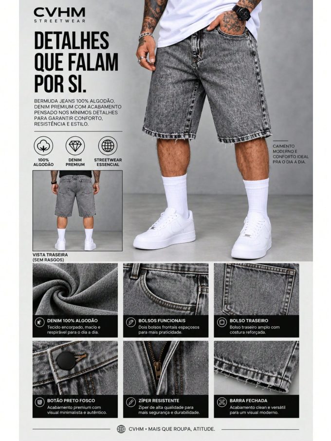 Bermuda Jeans Masculina Longa Basic – Lavagem Clara — foto 3